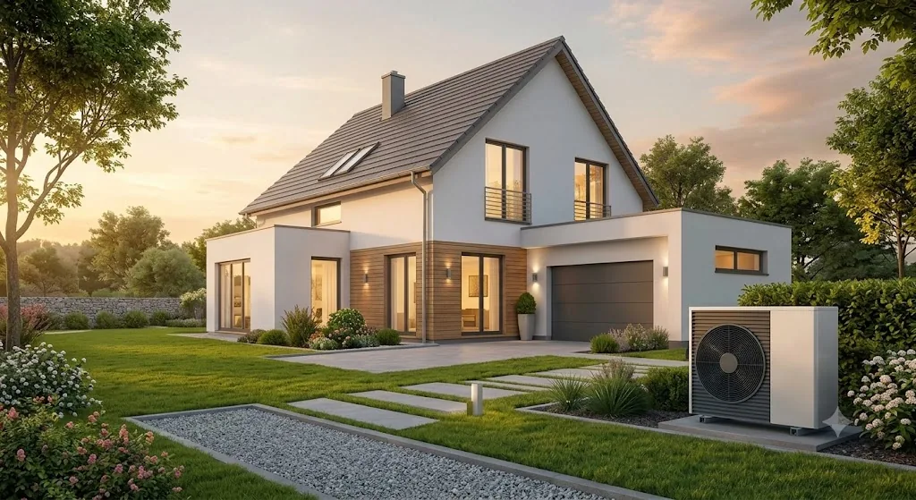 Maison moderne équipée d’une pompe à chaleur au coucher du soleil